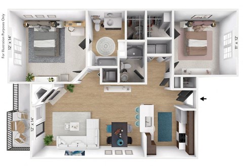 Floor plan for 2 beds, 2 baths, 965 sqft